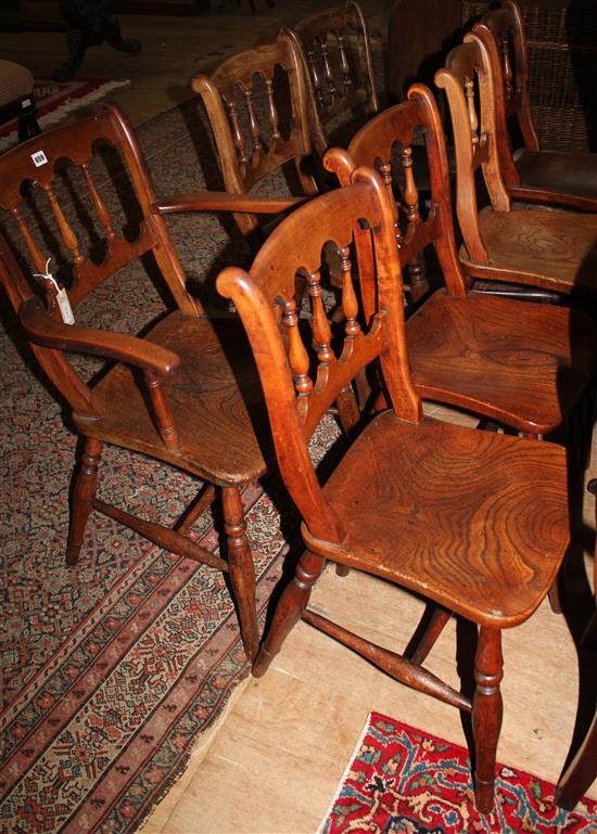 Matched set of 7 early Victorian beech, fruitwood and elm spindle-back chairs (6 + 1)